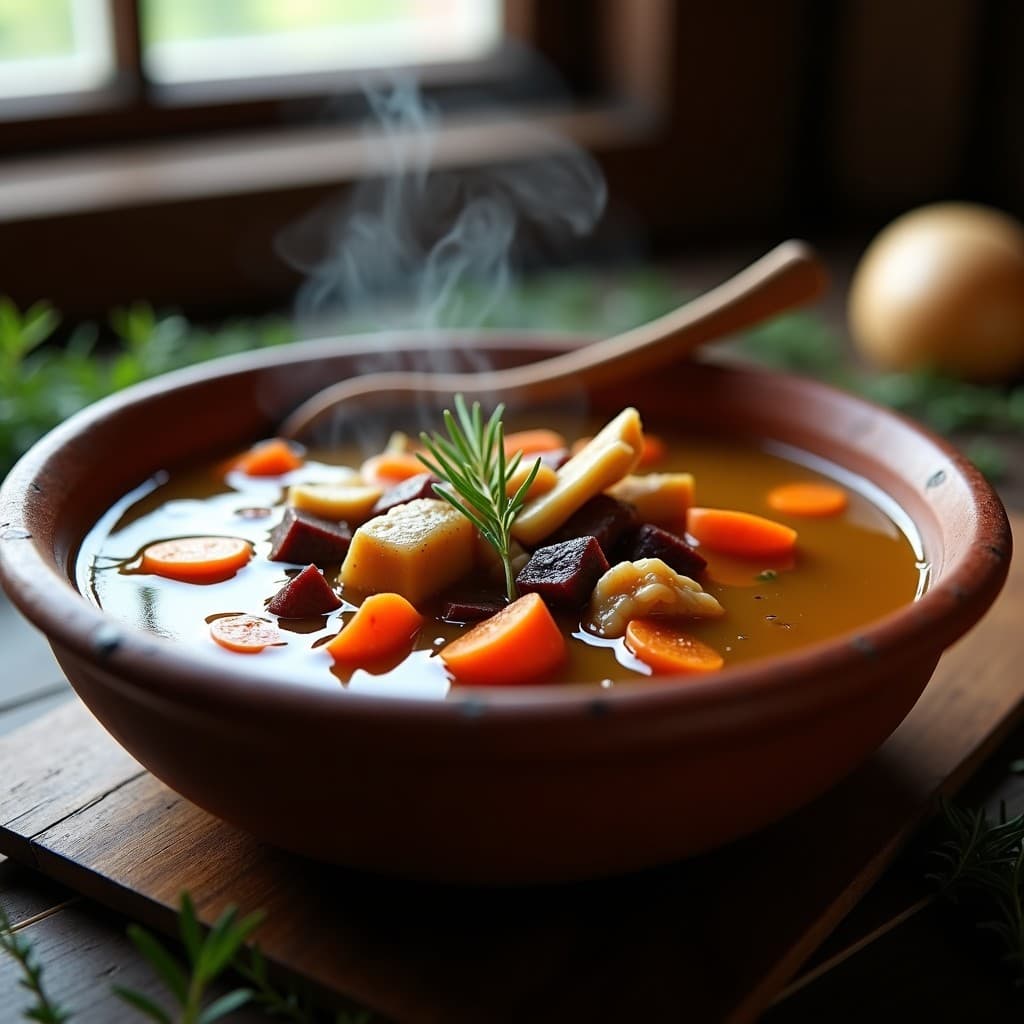 Tazón hondo de barro con caldo de huesos de cordero dorado, espeso y gelatinoso, con trozos de zanahoria naranja, batata morada y hebras de azafrán flotando. Fondo rústico de madera con hierbas frescas y una cuchara de madera.