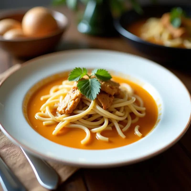 Cuenco hondo de cerámica blanca con caldo de huesos de pollo dorado, fideos de shirataki transparentes, huevo pochado y cebollino picado, receta keto japonesa para el sistema inmune.