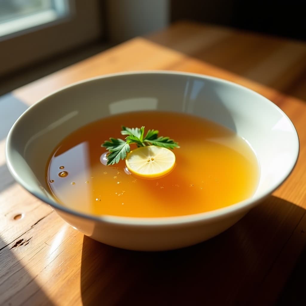 Tazón de cerámica blanca humeante con caldo de huesos de res y jengibre dorado, espumoso y transparente, decorado con una rodaja de jengibre fresco y hojas de cilantro, sobre fondo de madera rústica. Receta reparadora de intestino en olla express.