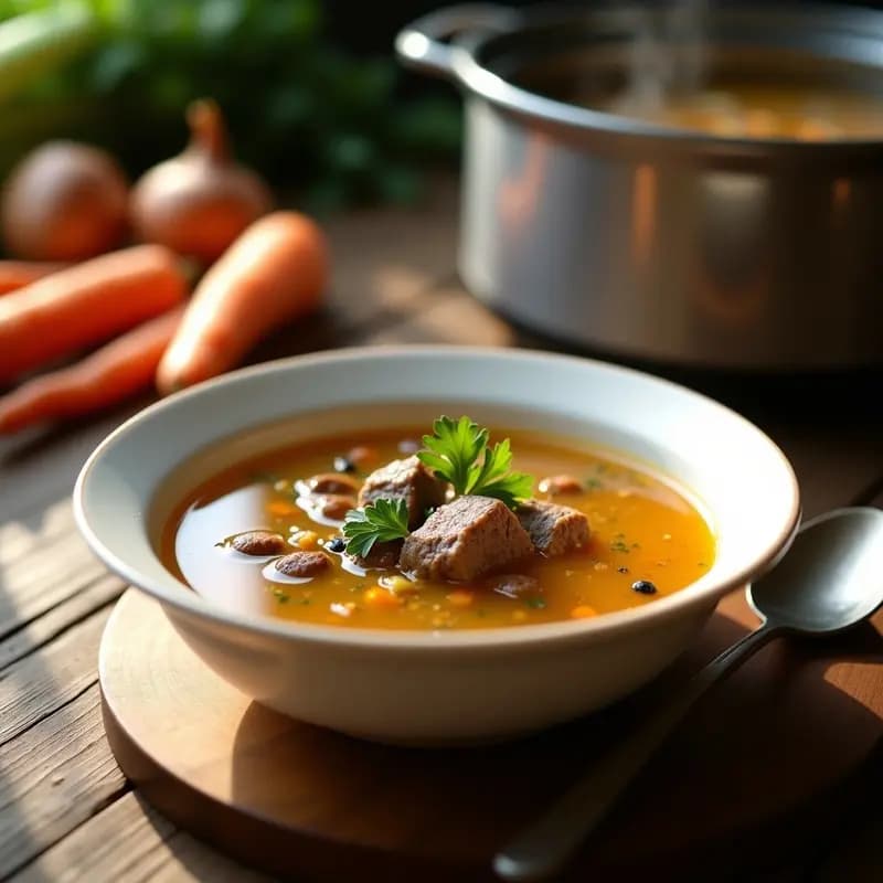 Olla lenta con caldo de huesos de res dorado y espeso, enriquecido con maca andina, servido en un cuenco de cerámica blanca con hierbas frescas. Receta para recuperación muscular.