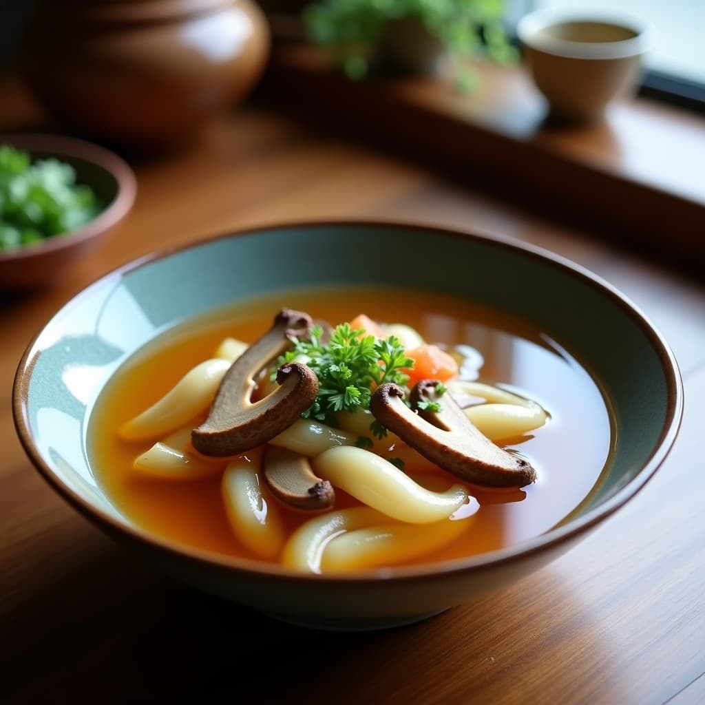 Tazón de cerámica blanca con caldo dorado y transparente de huesos de verduras y hongos Reishi, humeante, sobre fondo de madera rústica con hierbas frescas y rodajas de jengibre alrededor.