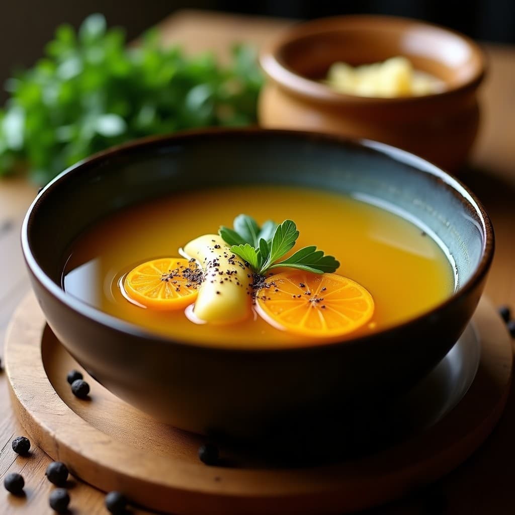 Tazón de cerámica oscura con caldo de osso dorado y transparente, espuma dorada en superficie, rodajas de jengibre y cúrcuma flotando, fondo rústico de madera con hierbas frescas y pimienta negra. Receta Brasília keto antiinflamatoria en olla exprés.