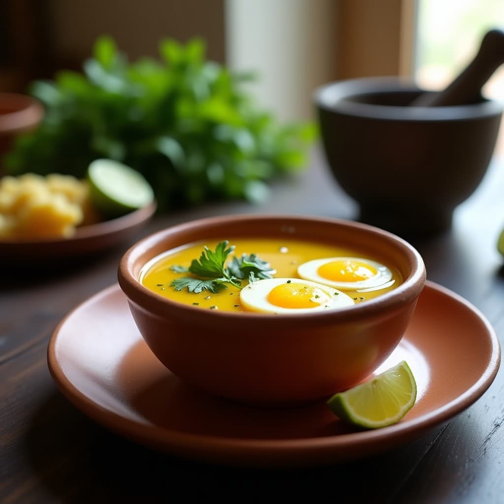 Taza de barro humeante con caldo de pollito colombiano, jengibre y cúrcuma, huevo de codorniz, cilantro fresco y rodaja de limón, sobre fondo rústico de madera.