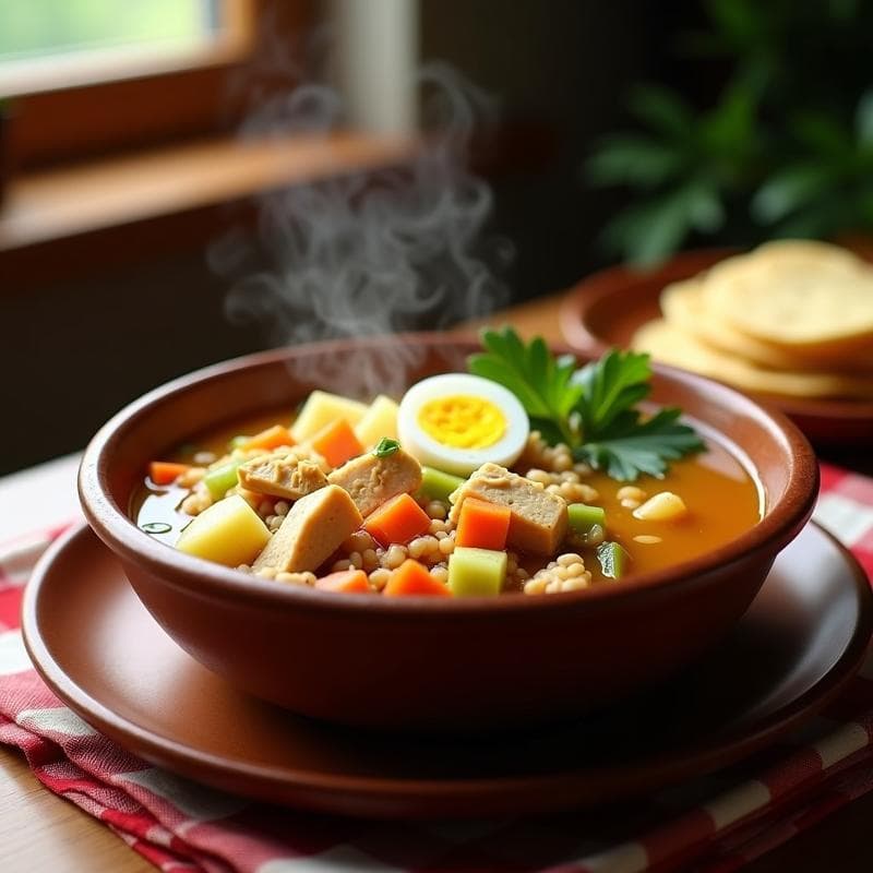 Plato hondo de barro con caldo de pollito de quinoa y verduras con azafrán, servido con huevo duro y perejil fresco, receta ecuatoriana sin gluten.