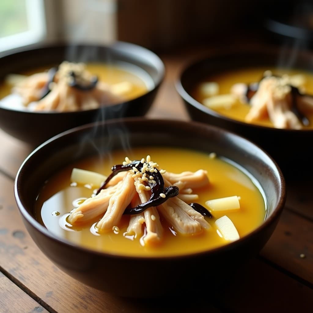 Olla lenta con caldo de pollo dorado, trozos de pollo desmenuzado, rodajas de jengibre fresco y cebolla negra fermentada, servido en cuencos de cerámica oscura con vapor ascendente. Receta reconfortante para resfriados.