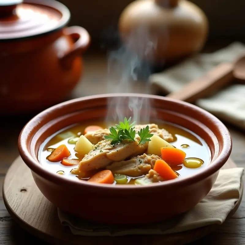 Olla lenta con caldo de pollo y raíces de maca andino, servido en cuenco hondo de barro con trozos de pollo desmenuzado, zanahoria, puerro y un toque de perejil fresco. Plato reconfortante y nutritivo.
