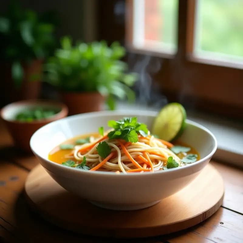 Cuenco hondo de cerámica blanca con caldo tailandés de fideos de arroz y hierbas vegano, lleno de fideos finos, zanahoria en juliana, brotes de soja y decorado con cilantro y menta fresca. Rodaja de limón al lado y fondo desenfocado de cocina.