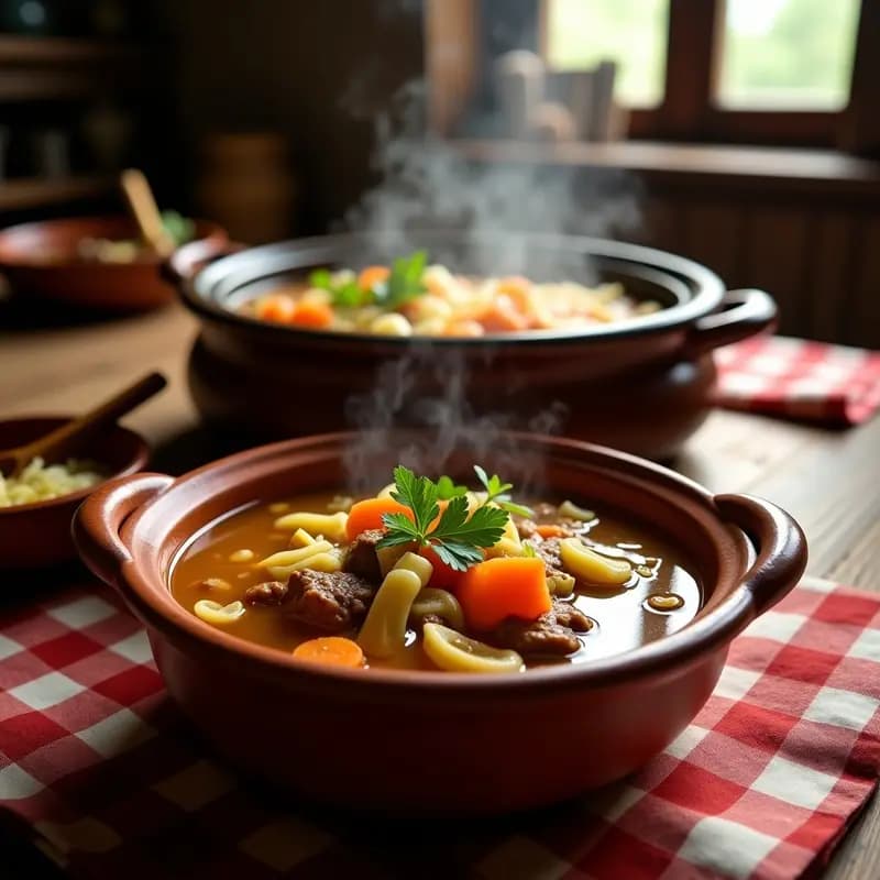Olla lenta con caldo talaverano humeante, lleno de trozos de ternera desmenuzada, zanahorias, puerros y fideos gruesos, servido en cuencos rústicos de barro con perejil fresco.