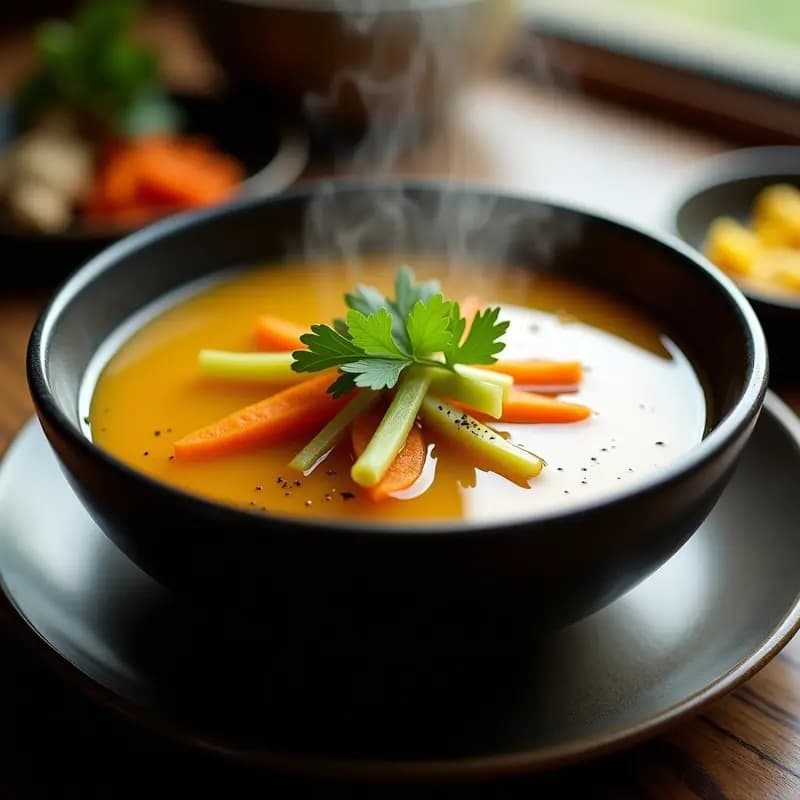 Bowl de cerámica negra con caldo tibetano Ghe humeante, especias visibles en la superficie y hierbas frescas. Plato reconfortante y saludable.