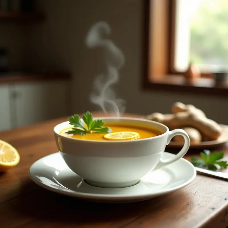 Taza de cerámica blanca con caldo tibio de jengibre y cúrcuma, de color dorado intenso, decorada con una rodaja de limón y hojas de cilantro fresco sobre una mesa de madera rústica.