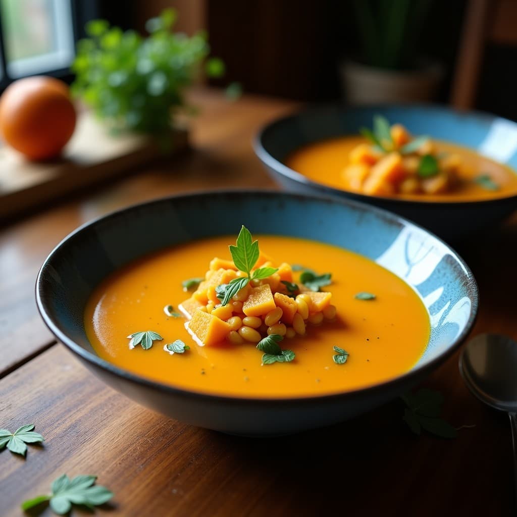 Cazuela de barro humeante con Caldo Tláloc, sopa mexicana prehispánica de maíz azul y flores de calabaza, decorada con hierba santa y epazote fresco.