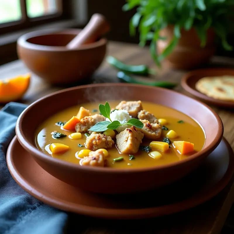 Plato hondo de barro con caldo Tlalnepantla humeante, trozos de huitlacoche, flor de calabaza, papa, zanahoria y elote, decorado con crema ácida, queso fresco y epazote. Fondo rústico con textura de madera y luz natural.