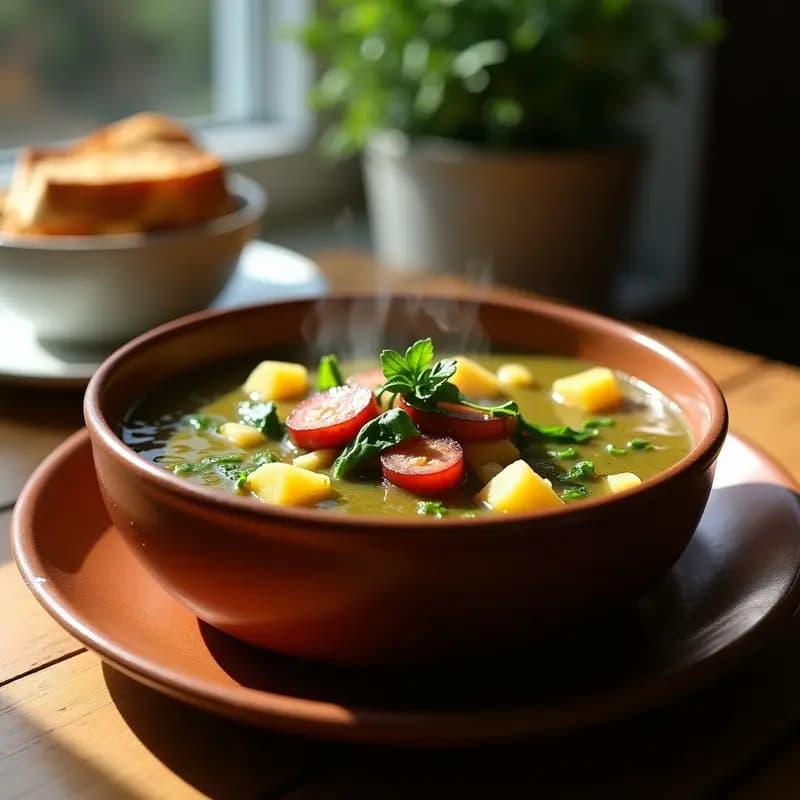 Cuenco de barro humeante con caldo verde portugués, rodajas de chorizo ibérico, patatas troceadas y grelos frescos, servido con pan rústico tostado. Receta de olla exprés reconfortante.