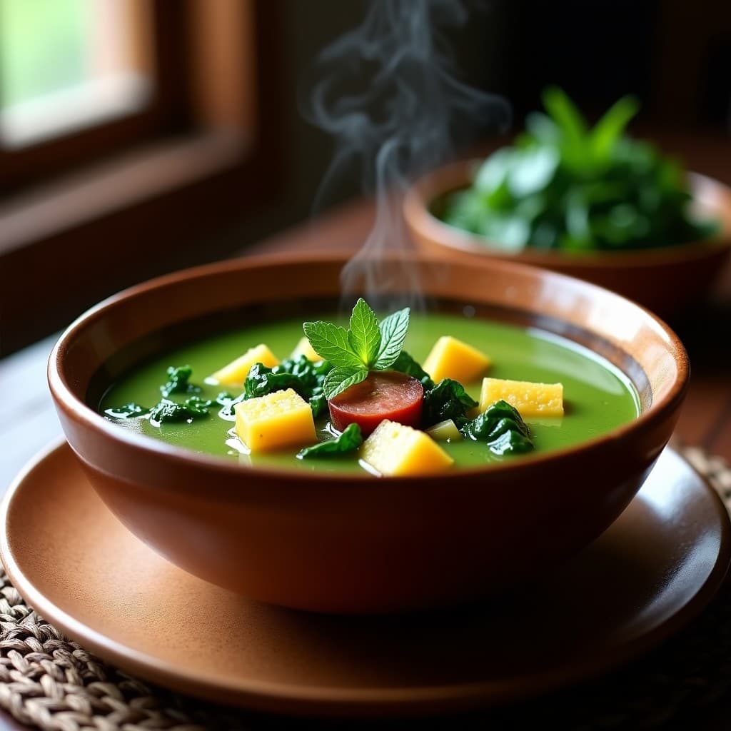 Plato hondo de barro con caldo verde espeso, trozos de yuca dorada, rodajas de chorizo de Sincelejo, espinacas y kale brillantes, decorado con hierbabuena fresca y un chorrito de limón, receta colombiana reconfortante.