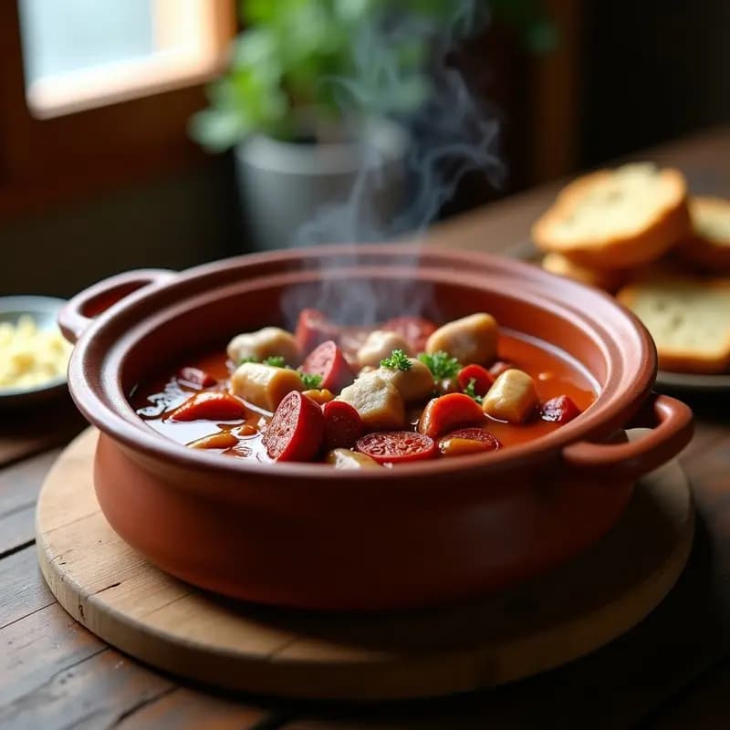 Olla de barro humeante con callos a la madrileña, trozos de callos tiernos, rodajas de chorizo y guindillas, servidos en un plato hondo tradicional con pan rústico al lado.