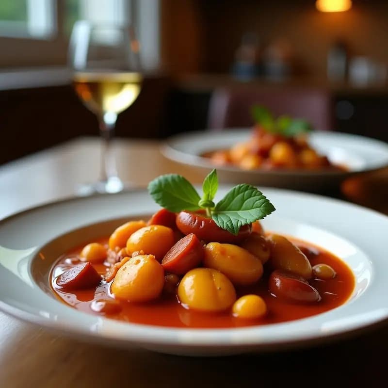 Plato hondo de barro con callos a la madrileña, guiso espeso con trozos de callos, chorizo, morcilla y garbanzos, decorado con perejil fresco. Fondo rústico de madera con pan para mojar.
