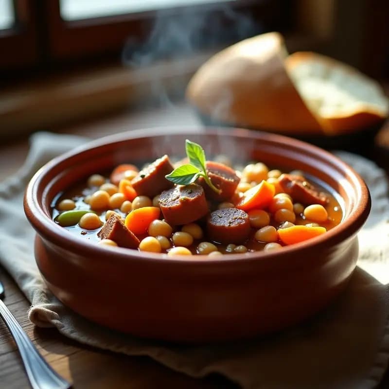 Plato hondo de barro con callos a la madrileña, garbanzos y chorizo en rodajas, bañados en un caldo espeso y dorado. Verduras troceadas y especias visibles. Ambiente rústico y tradicional.