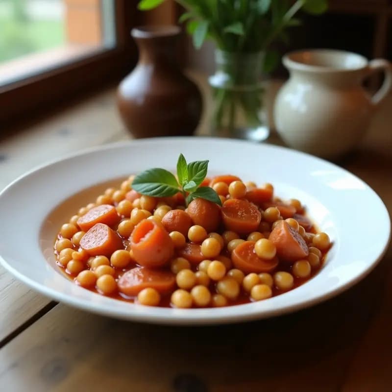 Cazuela de barro humeante con callos a la madrileña, garbanzos y rodajas de morcilla y chorizo, receta de cuchara tradicional para días fríos.
