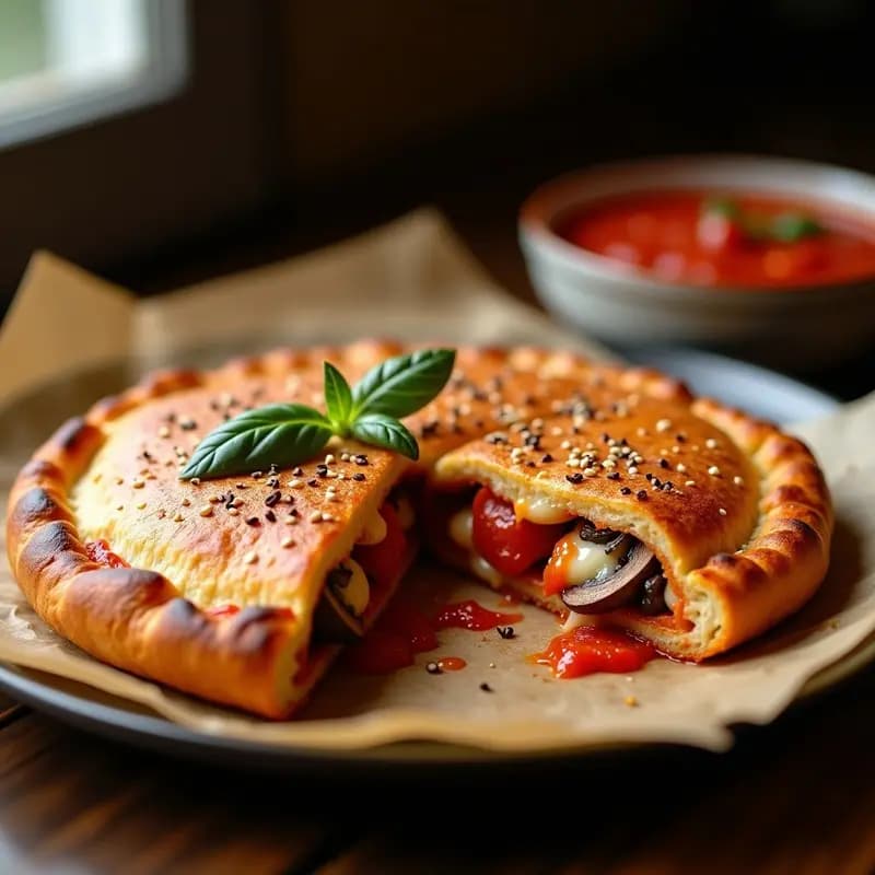 Calzone dorado y burbujeante relleno de pepperoni, champiñones y tres quesos fundidos, servido en tabla de madera con salsa de tomate al lado.