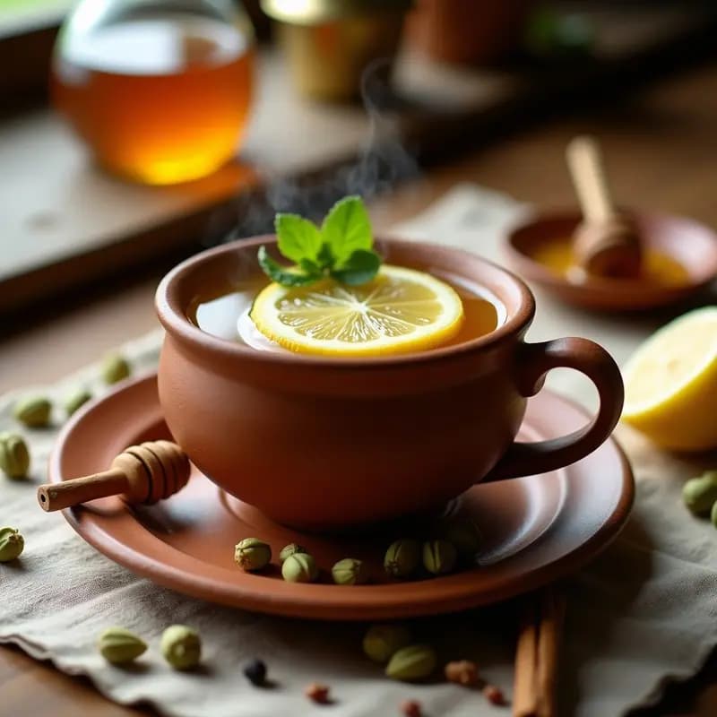 Taza de barro humeante con Cambusa de Limón y Miel con Cardamomo, decorada con rodaja de limón, hoja de menta y semillas de cardamomo esparcidas. Fondos cálidos y especias al lado en un paño de lino.
