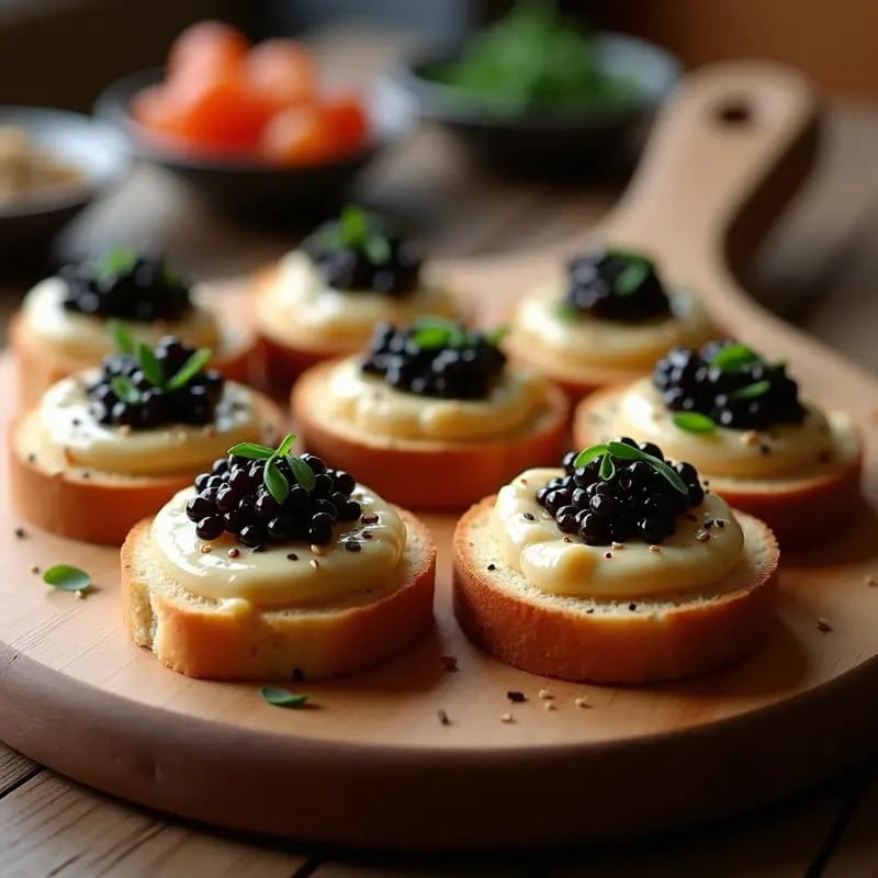 Canapelés de pan de centeno tostado con puré de apio nabo cremoso y caviar de berenjena oscuro, decorados con eneldo fresco sobre una bandeja de madera rústica. Aperitivo ruso sin gluten elegante y colorido.