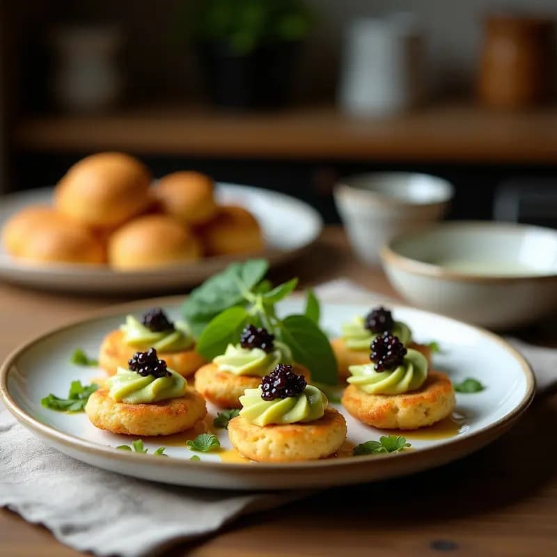 Canapelés de pan de molde integral con aguacate cremoso y caviar de berenjena oscuro, decorados con semillas de sésamo y cilantro fresco, servidos en bandeja de madera rústica para aperitivo español keto sin cocinar.