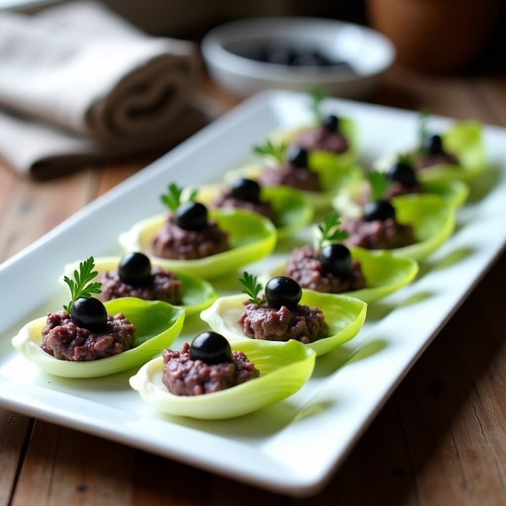 Bandeja blanca con 12 canapés de endibia rellenos de paté cremoso de aceitunas kalamata y anchoas, decorados con perejil fresco y alcaparras, sobre fondo rústico de madera con luz natural.