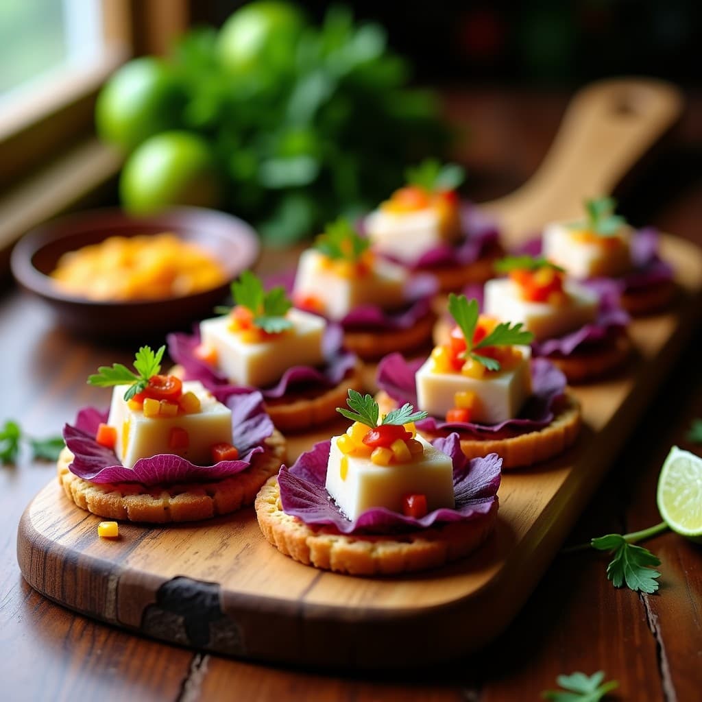 Canapés de pan de mandioca dorado con ceviche de corvina fresco, cebolla morada y cilantro, decorados con huevo de codorniz y microvegetales. Aperitivo sin gluten brasileño elegante y colorido.