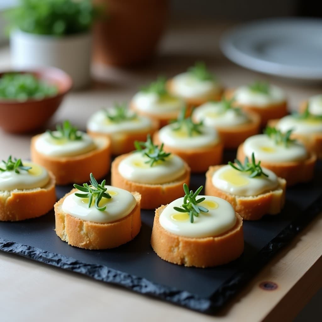 Bandeja de madera rústica con 12 canapés de pan de almendra dorado, crema de espárragos blancos sedosa, decorados con puntas de espárragos, eneldo fresco, semillas de sésamo negro y un hilo de aceite de oliva virgen extra. Receta keto y elegante.