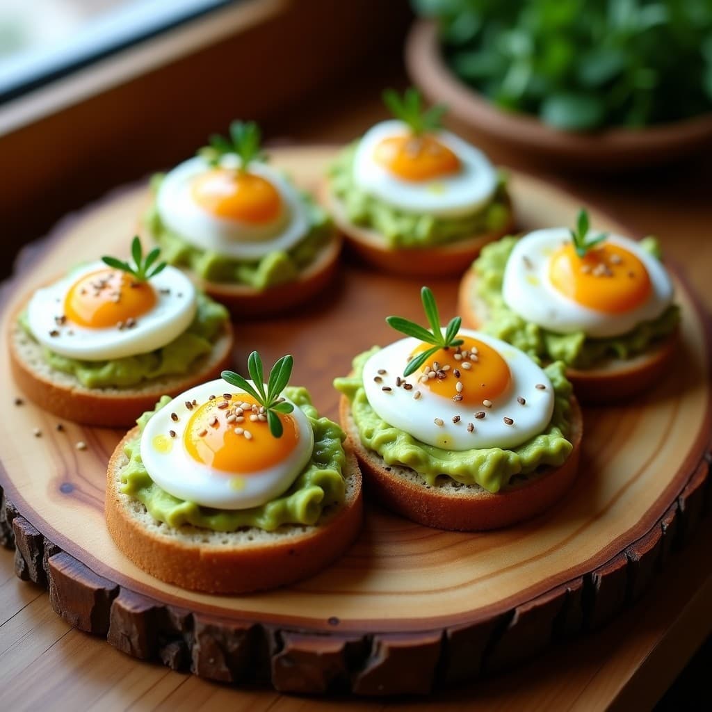 Canapés elegantes de pan de molde de almendras dorado, cubiertos con láminas de aguacate cremoso, huevo poché con yema líquida y decorados con pimentón ahumado y cilantro fresco, servidos en plato blanco sobre fondo rústico.