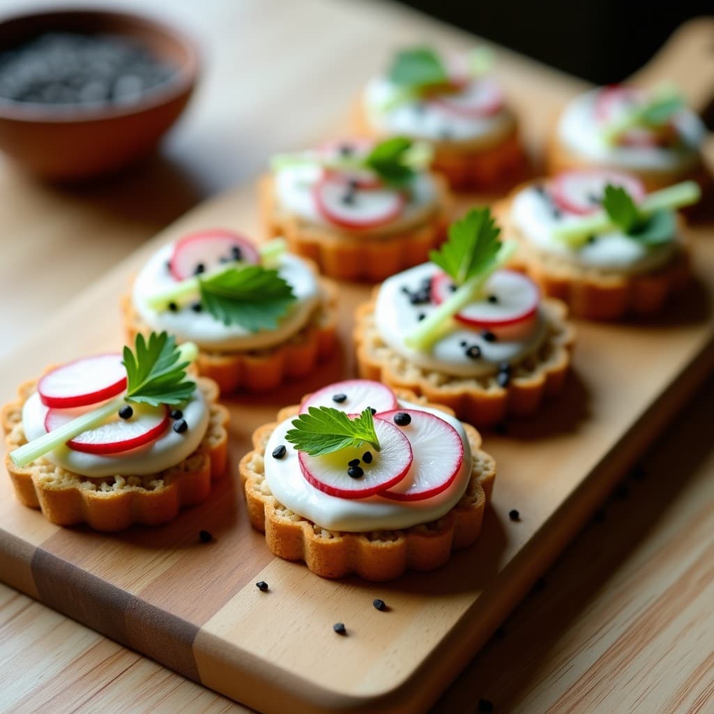Canapés crudiveganos con base redonda de pan de avena dorado, crema blanca de rábanos coronada con semillas de amapola negras, láminas rosadas de rábano, ramitas de apio verde y hojas de cilantro. Plato minimalista sobre fondo de madera clara.