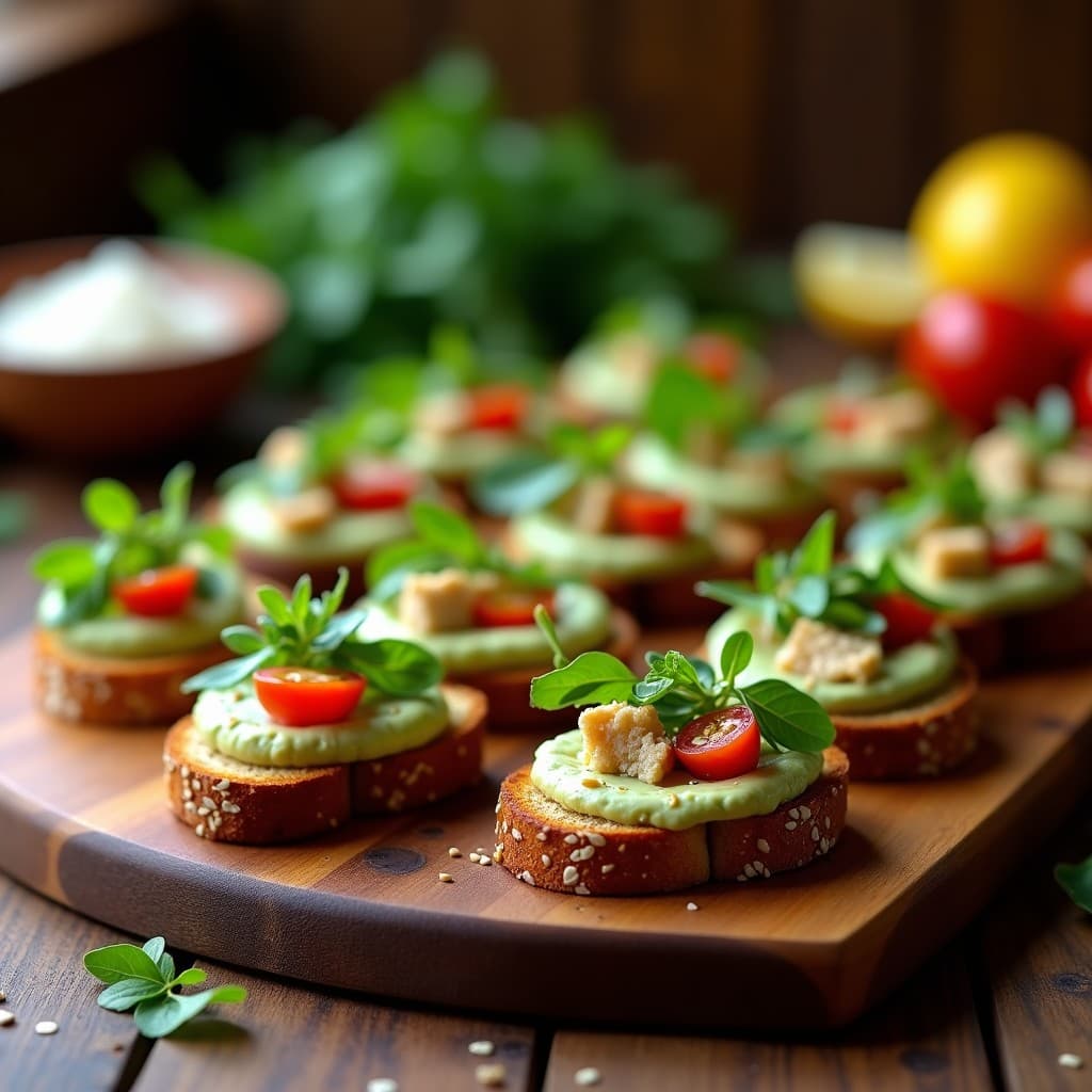 Canapés de pan de centeno tostado con puré cremoso de alcachofas, anchoas veganas en trozos, rúcula fresca, tomate cherry y semillas de sésamo, presentados en una bandeja de madera rústica.