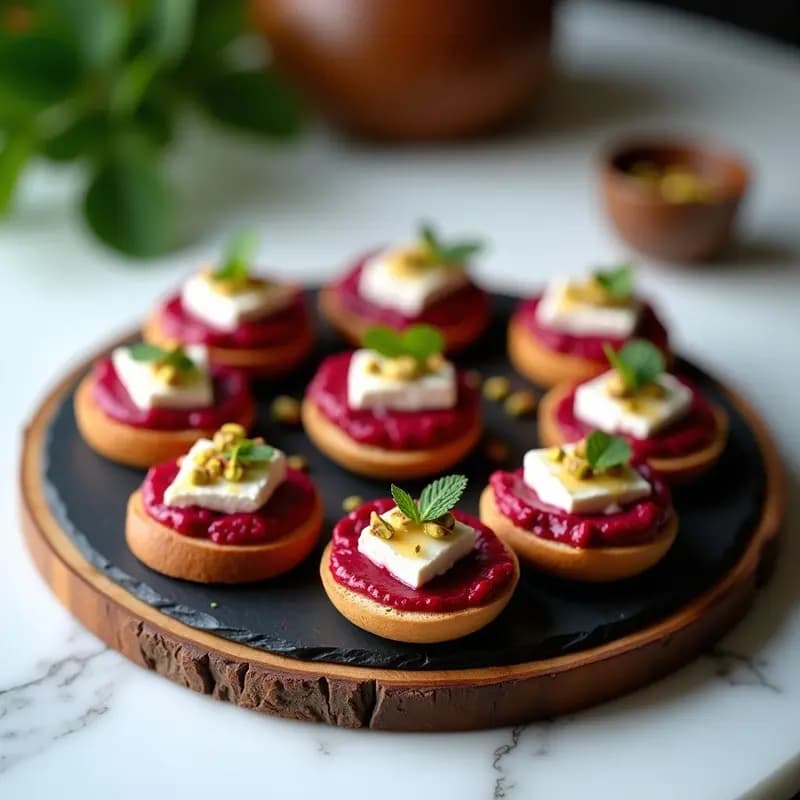 Bandeja de madera con canapés de pan de centeno tostado en forma redonda, cubiertos de puré de remolacha rosa intenso, queso de cabra desmenuzado, nueces picadas y hojas de rúcula, con un hilo de miel dorada. Aperitivo colorido y elegante para redes sociales.