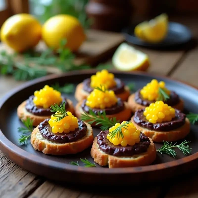 Canapés elegantes de pan de cristal redondo con pate de berenjena ahumada cremoso y caviar de limón amarillo brillante, decorados con eneldo fresco sobre una bandeja de madera oscura. Receta visual y viral de aperitivo gourmet.