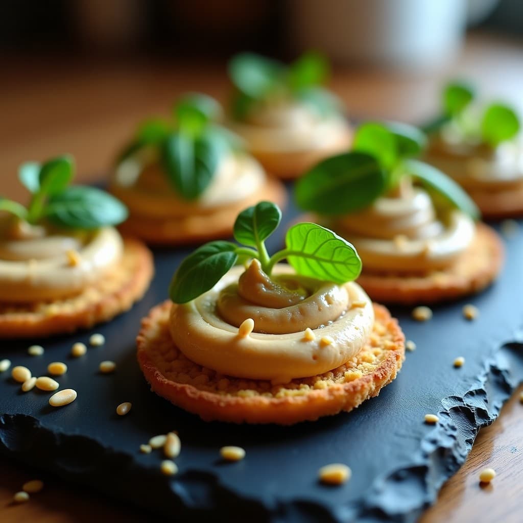 Canapés futuristas con base de pan dorado de insectos, hummus cremoso de lentejas de color beige y berros frescos verdes sobre fondo oscuro. Aperitivo innovador y sostenible.