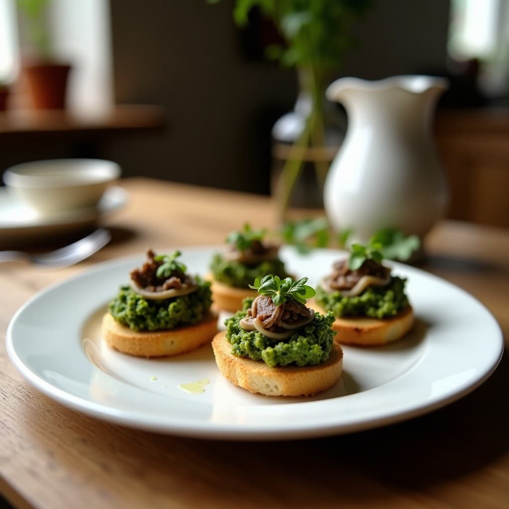 Canapés de pan de molde integral tostado con pesto de rúcula verde intenso, anchoas plateadas, alcaparras oscuras y tomates cherry rojos sobre una tabla de madera rústica. Aperitivo italiano keto alto en omega-3.