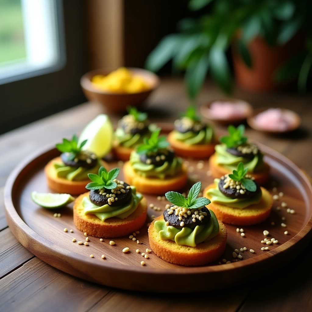 Canapés de pan de maíz dorado con guacamole de aguacate negro cremoso, decorados con semillas de sésamo, quinoa inflada y hojas de hierbabuena, sobre una tabla de madera rústica con fondo de ingredientes peruanos como ají amarillo y lima.