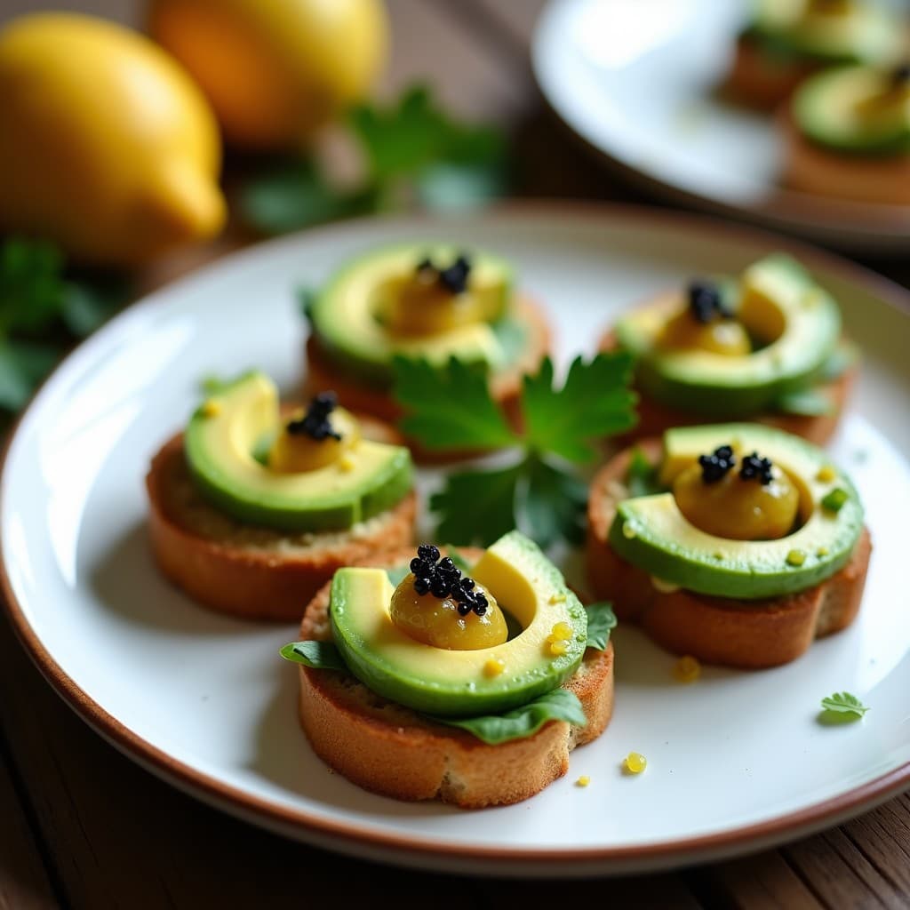 Canapés de pan de plátano dorado y esponjoso con láminas de aguacate verde brillante, caviar de lulo de color amber con semillas negras, sobre hojas de lechuga morada. Presentación elegante en plato blanco con detalles de cilantro fresco, receta keto colombiana.