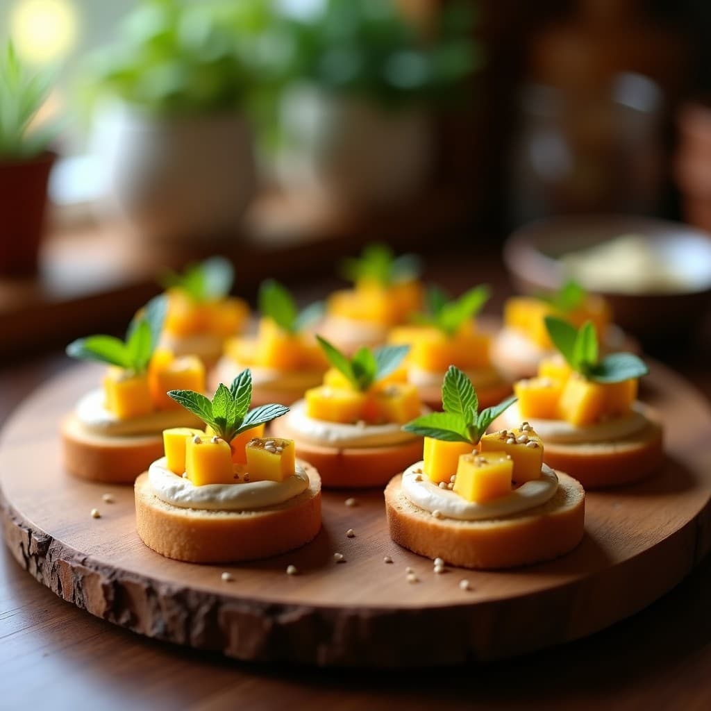 Canapés de pan de tarro dorado con paté cremoso de higaditos de pollo, cubos de mango amarillo y decoración de hierbabuena y semillas de sésamo, servidos en una bandeja de madera rústica.