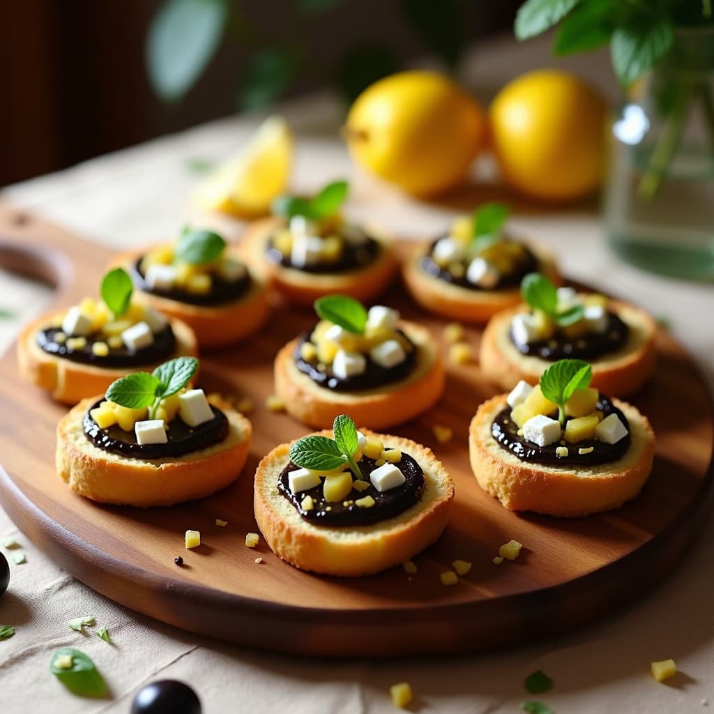 Canapés de pan de yuca dorado tostado con crema espesa de aceitunas Kalamata y trocitos de limón confitado, decorados con hojas de menta fresca y queso feta desmenuzado sobre una bandeja de madera rústica.