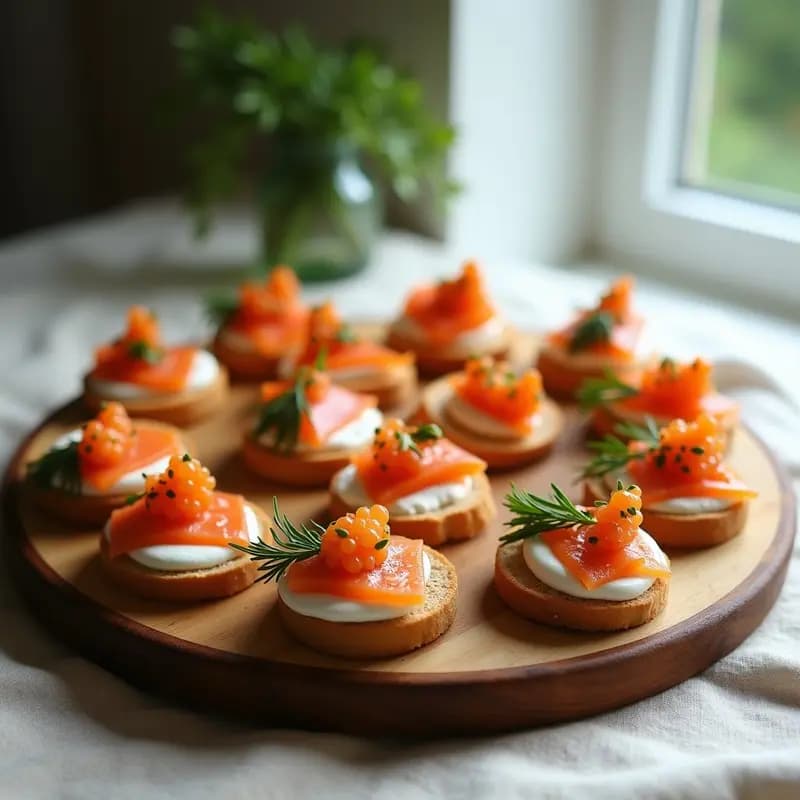 Canapés escandinavos de salmón ahumado y queso cream cheese con eneldo, montados sobre pan integral tostado en forma redonda, decorados con semillas de sésamo y cebollino picado, dispuestos en una bandeja de madera rústica con fondo de hierbas frescas.