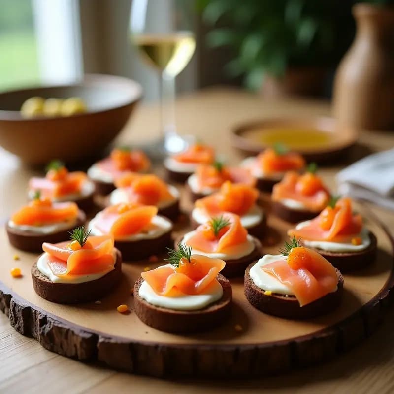 Canapés elegantes de pan de centeno tostado con crema de queso Philadelphia, salmón ahumado, eneldo fresco y huevas de salmón, presentados en bandeja de madera con estilo escandinavo.