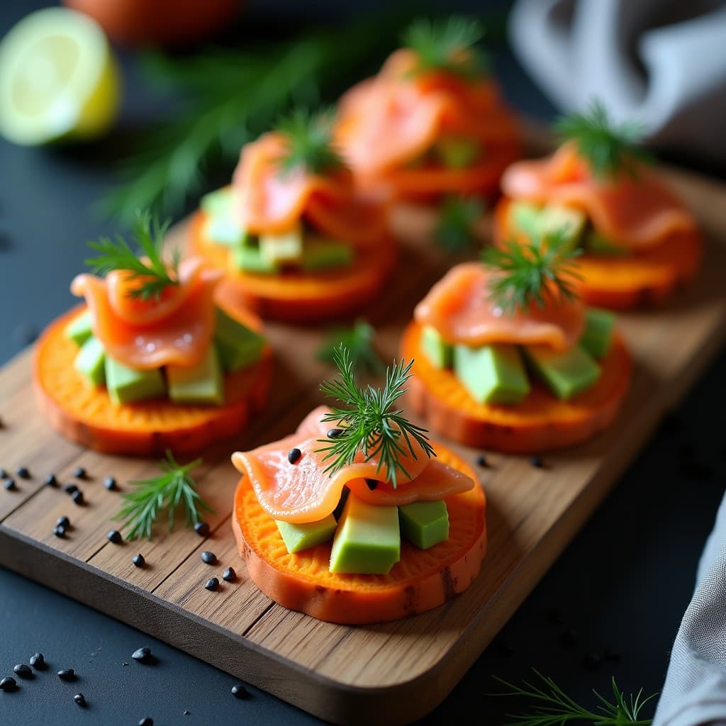 Canapés elegantes de base de batata asada dorada, cubiertos con crema de aguacate, láminas de salmón ahumado, wasabi y semillas de sésamo negro, presentados en bandeja de madera con cebollino fresco.
