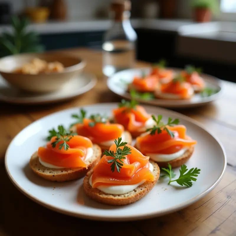 Bandeja de madera con canapés de salmón gravlax y eneldo sobre pan de semillas de amapola, decorados con semillas de sésamo y cebollino, receta nórdica elegante.