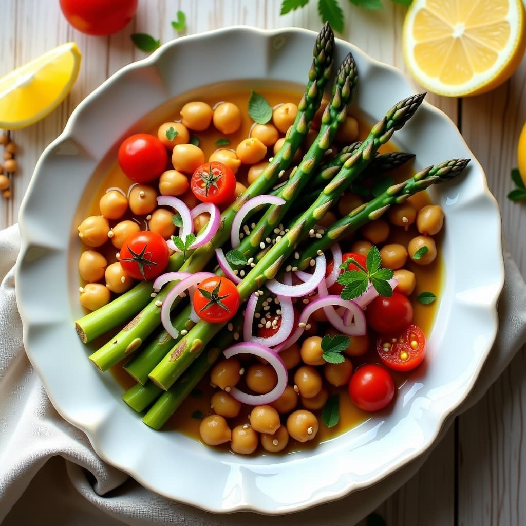 Plato hondo de cerámica blanca con cancato de garbanzos dorados y espárragos trigueros salteados, bañados en vinagreta de limón verde, decorado con cilantro fresco y semillas de sésamo tostadas. Receta peruana vegana.