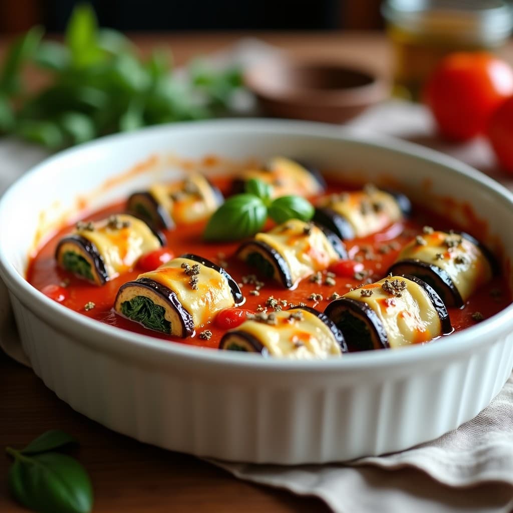 Fuente de horno blanca con canelones de berenjena rellenos de espinacas y queso de anacardos, cubiertos de salsa de tomate casera y espolvoreados con orégano, receta sin gluten al horno.