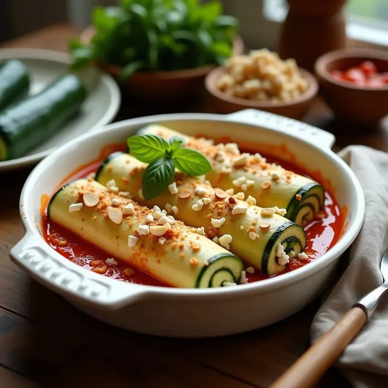 Canelones de calabacín y queso feta sin gluten, horneados en fuente de barro con salsa de tomate ligera y queso parmesano gratinado, decorados con perejil fresco.