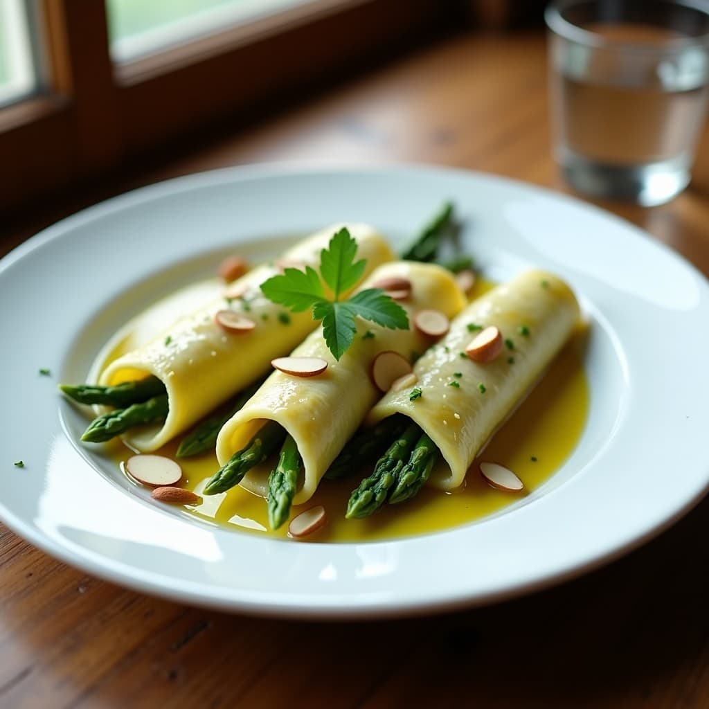 Plato blanco con tres canelones de calabacín rellenos de tofu y espárragos, cocinados en microondas, decorados con hierbas frescas y un chorrito de aceite de oliva. Receta sin gluten y vegana.
