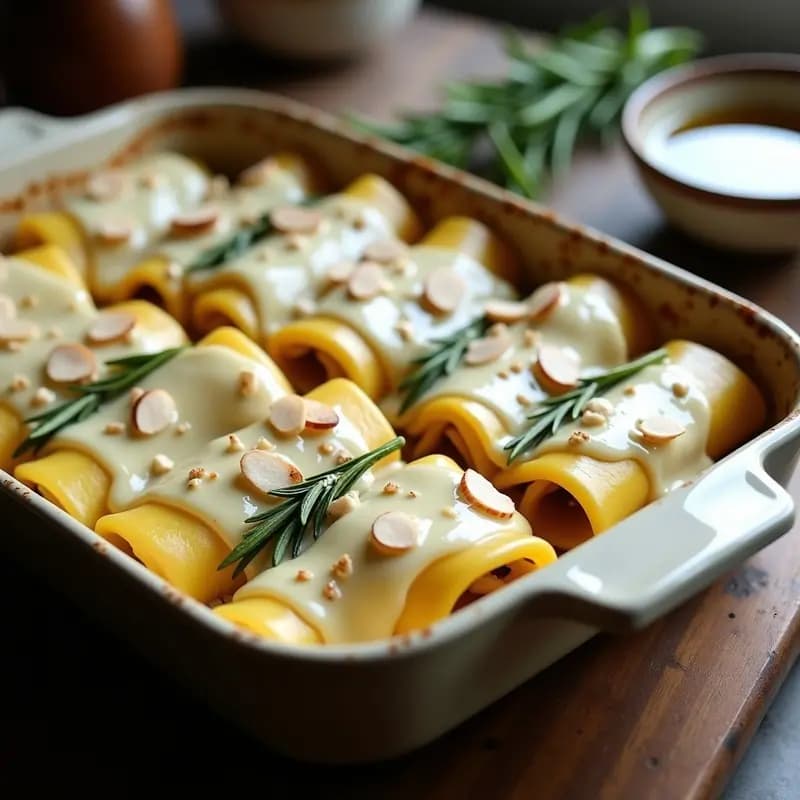 Fuente de horno con canelones de espárragos aragoneses cubiertos de bechamel de avena dorada, decorados con espárragos enteros y perejil fresco, receta española sin lácteos.