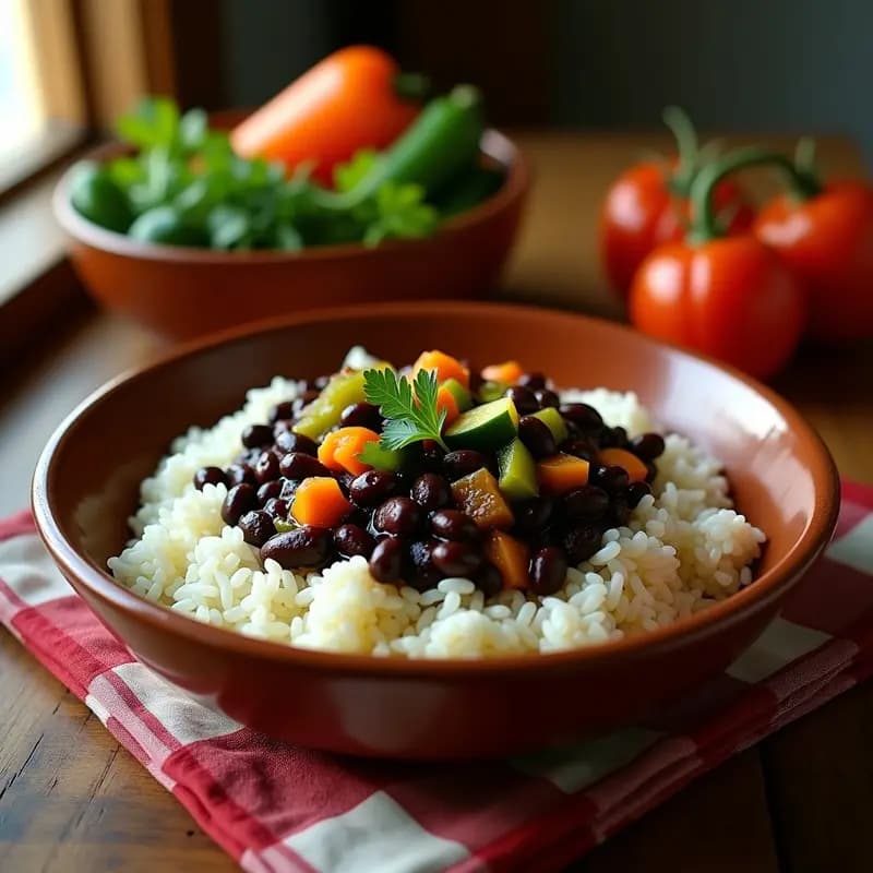 Plato hondo de barro con caraotas negras estofadas, arroz blanco esponjoso y verduras en trozos, receta canaria tradicional.